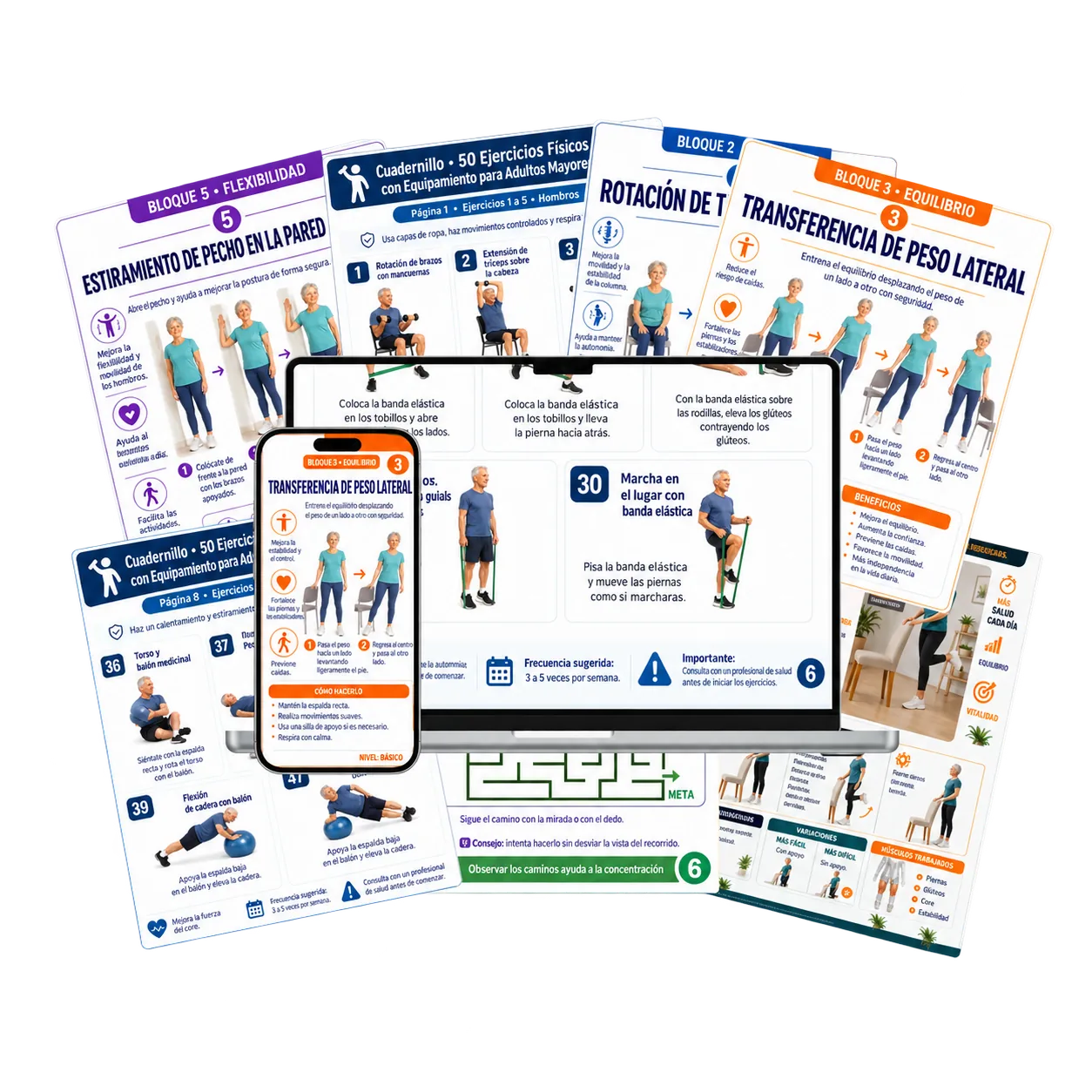 Mockup del kit de guías de ejercicios para adultos mayores