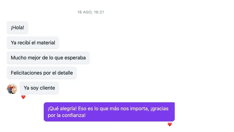 Conversación de WhatsApp de una clienta que se volvió cliente fiel