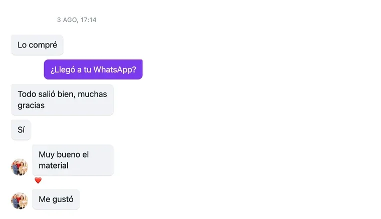 Conversación de WhatsApp de una clienta a la que le gustó el material